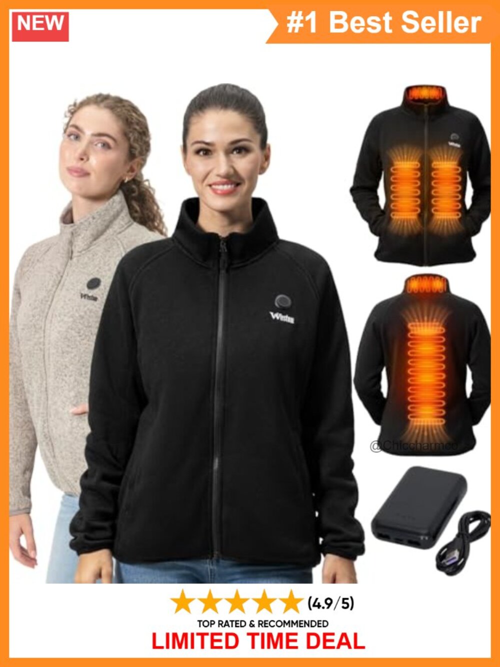 Women's Heated Fleece Jacket Zip-Up Rechargeable Electric Winter Coat